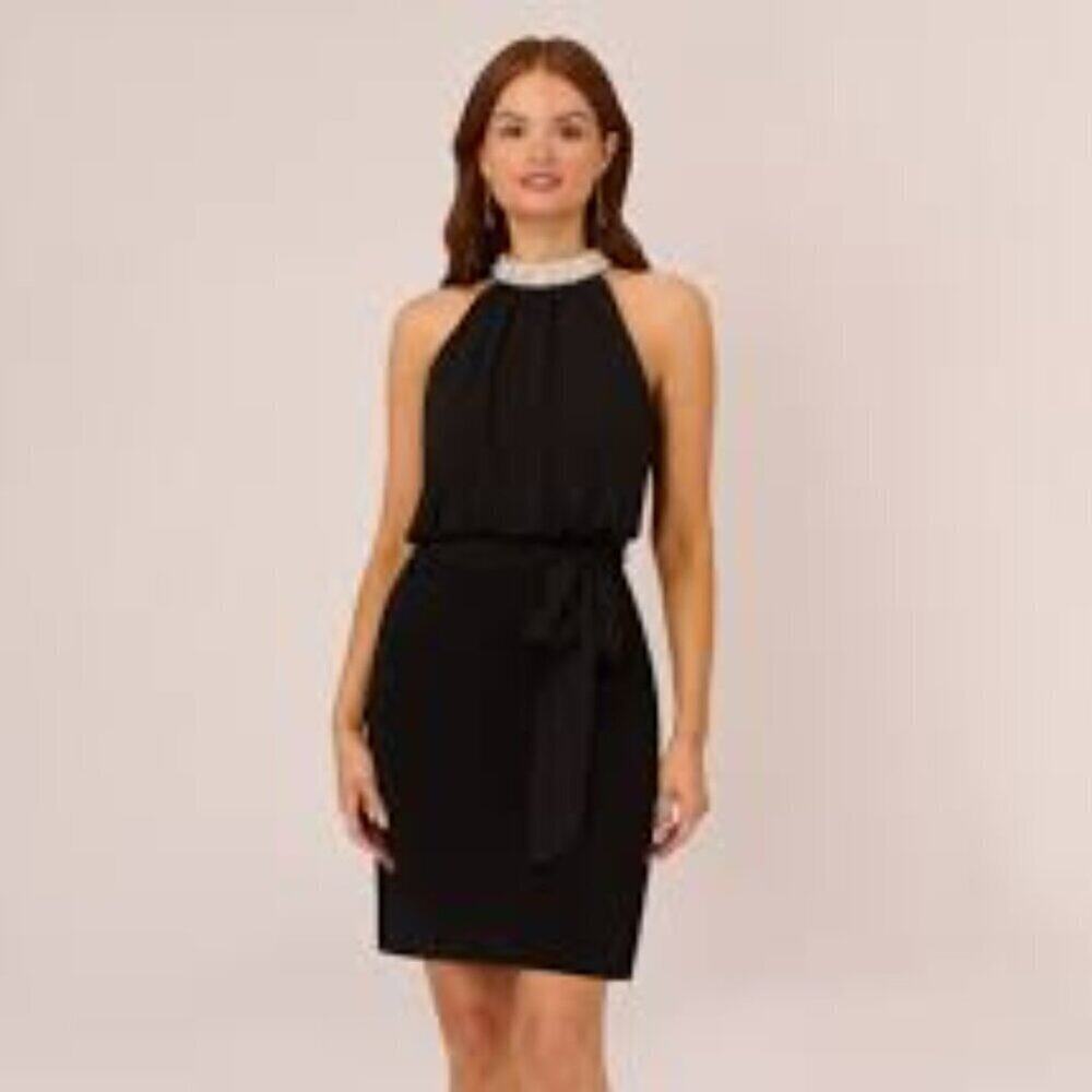 ADRIANNA PAPELL WOMEN'S PEARL MOCK NECK JERSEY MINI DRESS BLACK 10 BRAND NEW